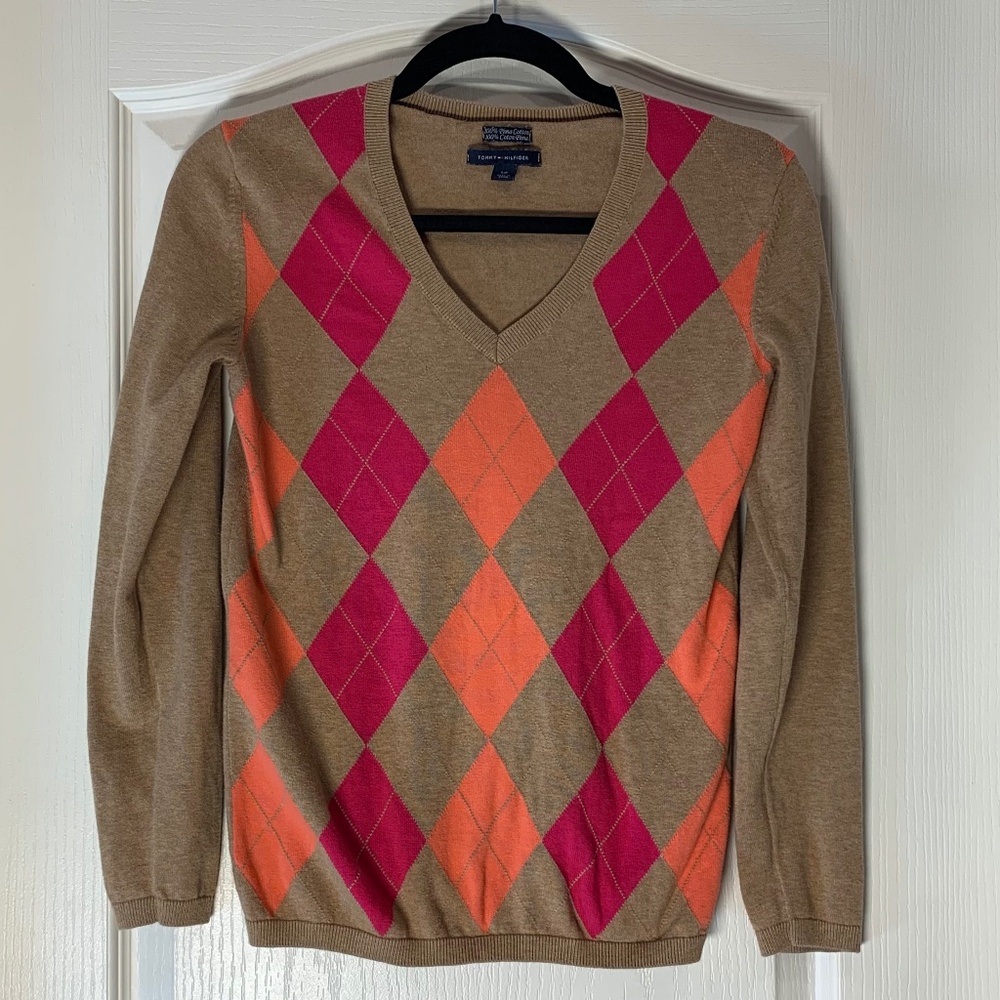 Tommy Hilfiger Argyle V-Neck Cotton Sweater – Small